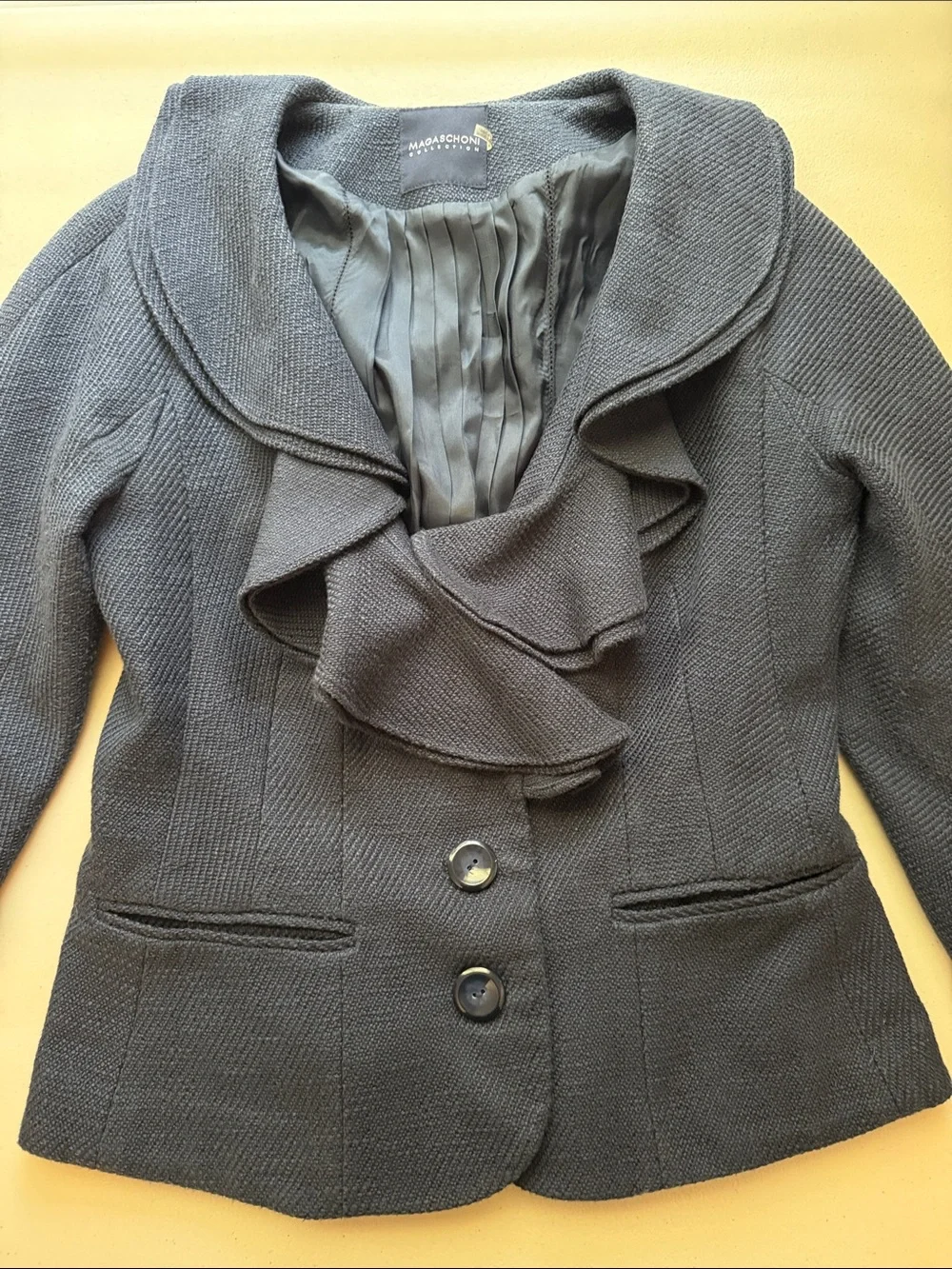 Magaschoni Navy Ruffle-Front Blazer